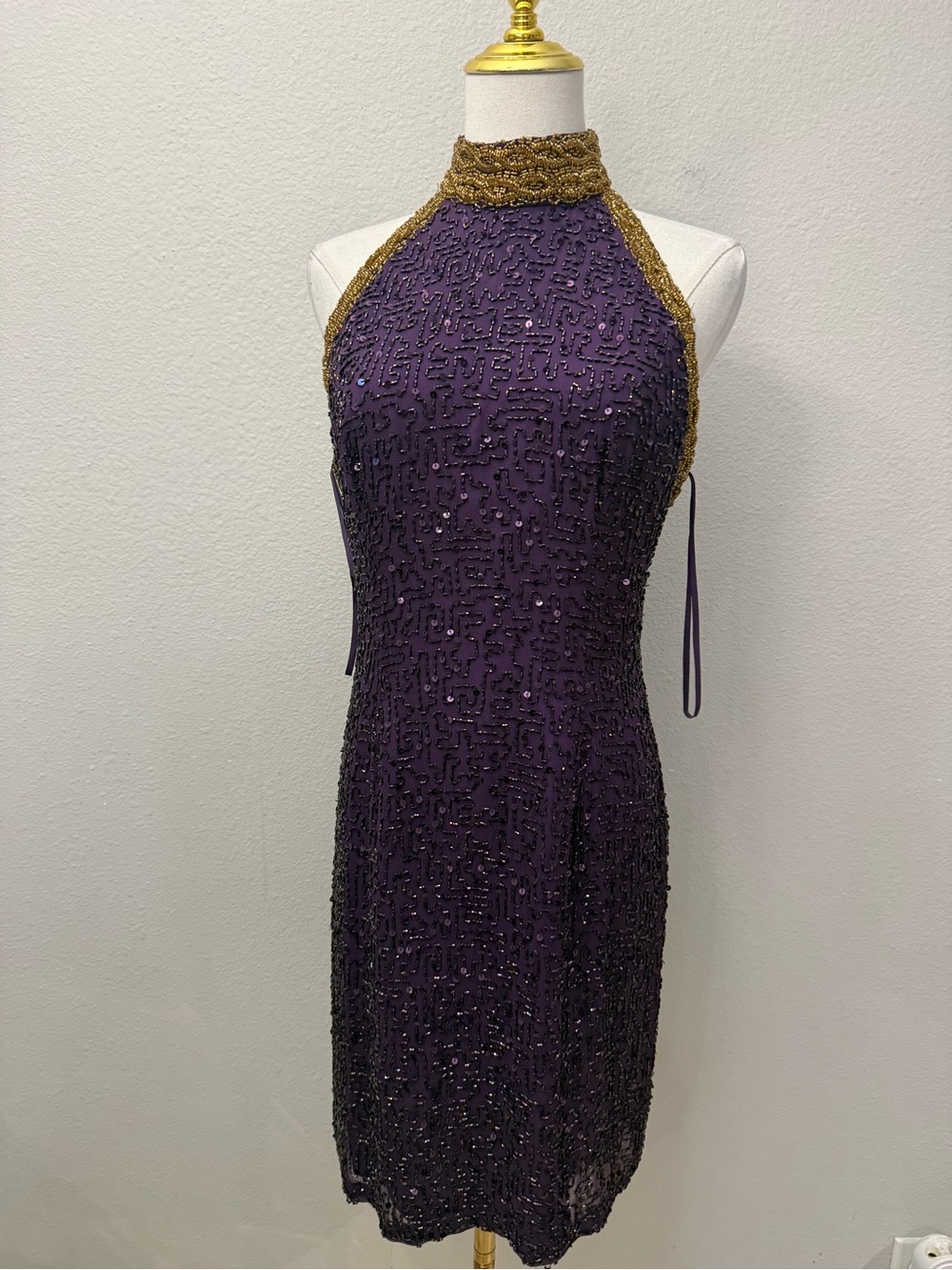 Niteline Della Roufogali Vintage Beaded Purple Halter Dress with Gold Trim sz 8